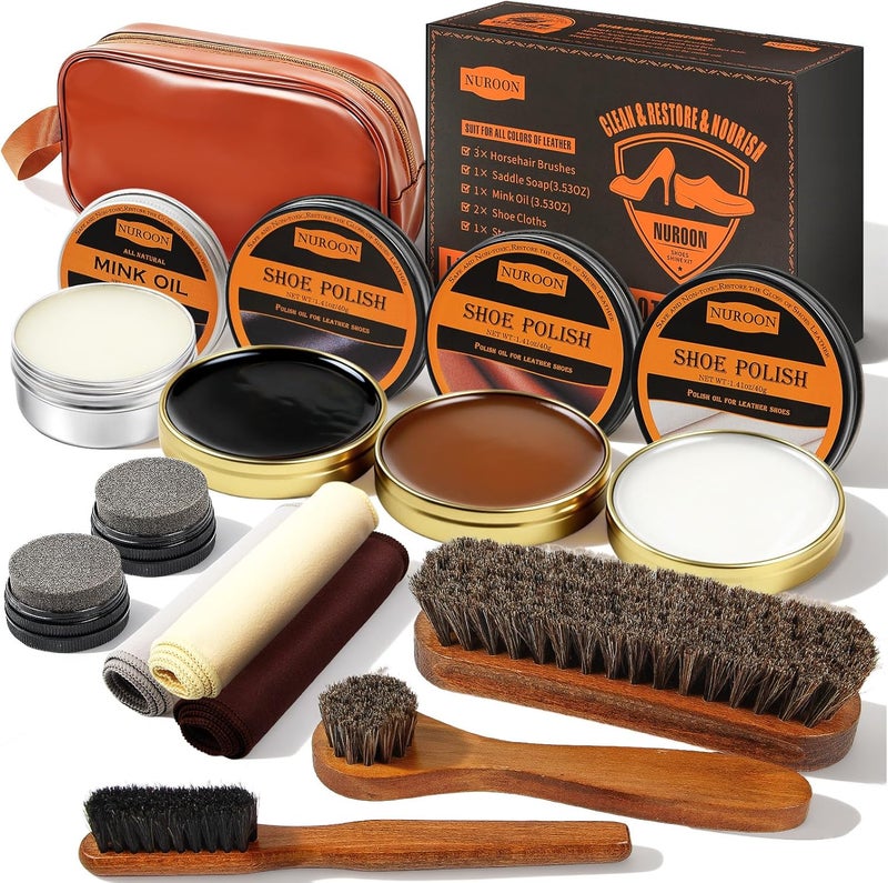 NBUOON 13Pcs Shoe Care Kit for Men & Women,3 Horsehair Shoe Polish Brush,Black Brown Neutral Mink Oil for Shoes,Care for Leather Boots, Shoe Cleaning Kit as Gift for Men with Shine Sponges & Care Cloth - Image 1